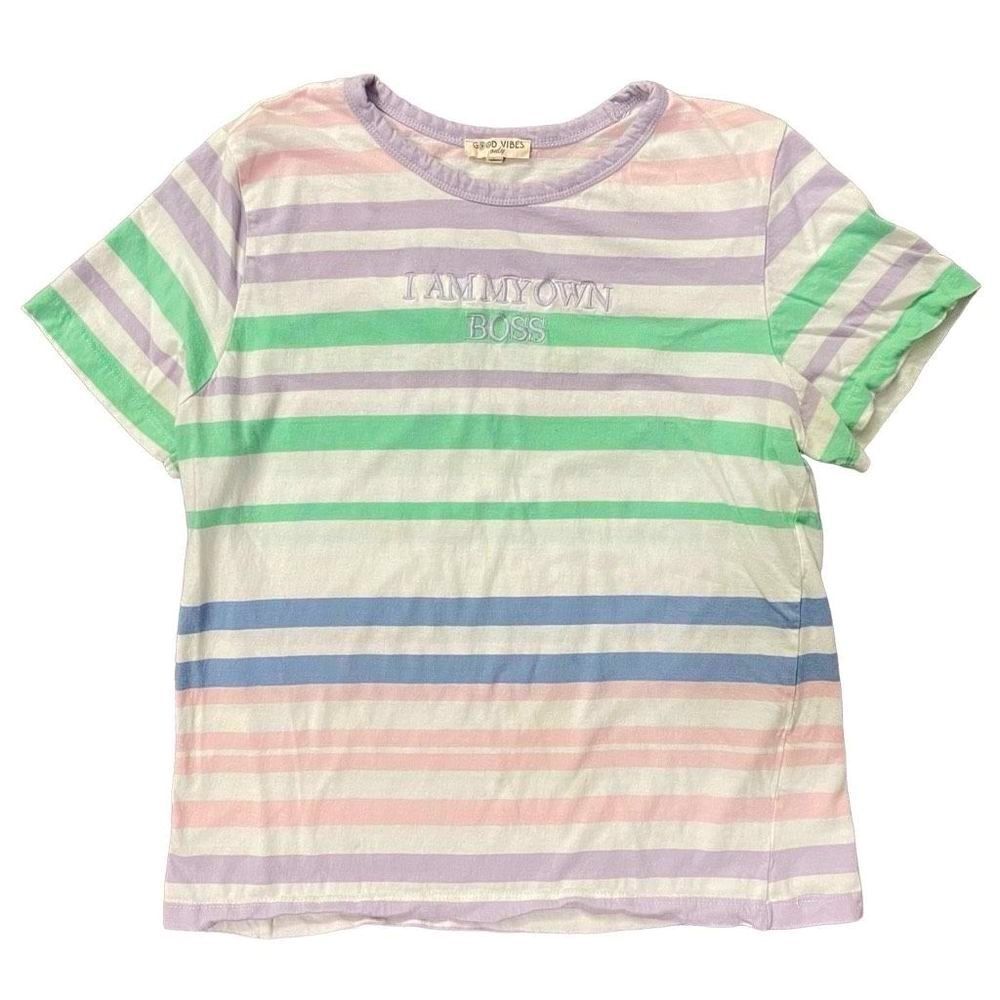 Good Vibes Only I Am My Own Boss Girl’s Striped Short Sleeve Tee Large